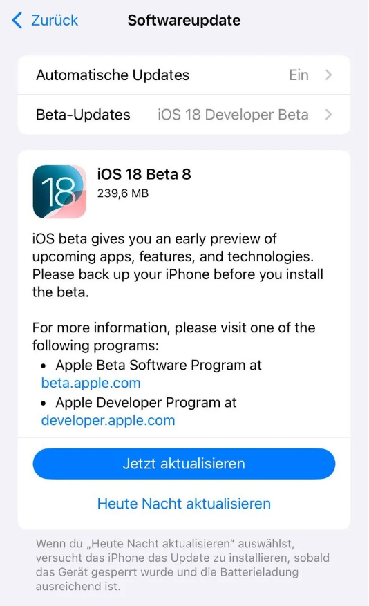 平利苹果手机维修分享苹果 iOS / iPadOS 18 开发者预览版 Beta 8 发布 